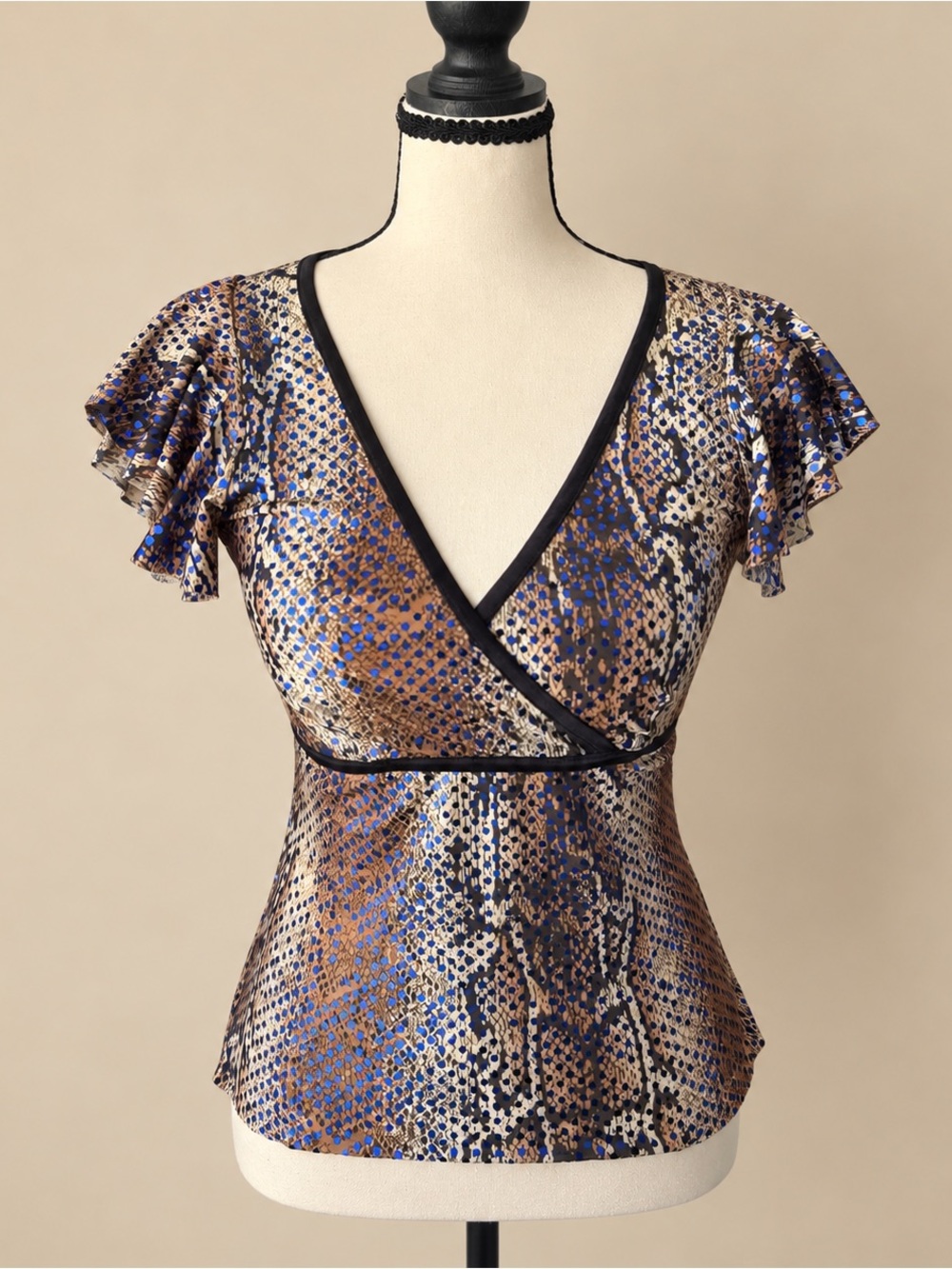 Y2K Indie Sleeze Vintage Snakeskin Mesh Faux Wrap Flutter Sleeve Top S